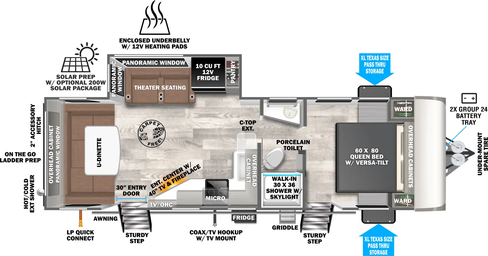 The Hemisphere Travel Trailers 24RDHL has two entries and one slide out. Exterior features include: fiberglass exterior. Interiors features include: u-dinette, front bedroom and pass through bathroom.